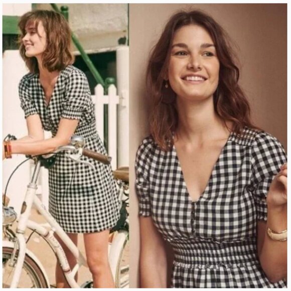 Sezane Sixtine Gingham Mini Dress Black White Plaid - Picture 2 of 10